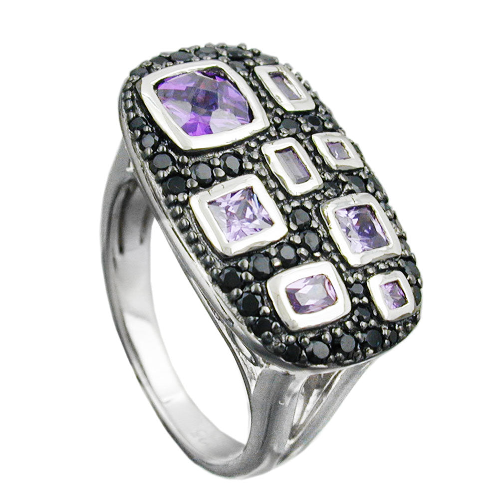 Ring mit Zirkonia lila-schwarz glänzend rhodiniert aus 925er Silber, 13 × 22 mm