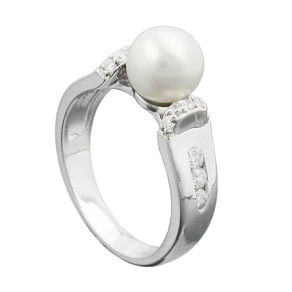 Ring mit Zuchtperle und vielen Zirkonia rhodiniert aus 925er Silber, 7 mm
