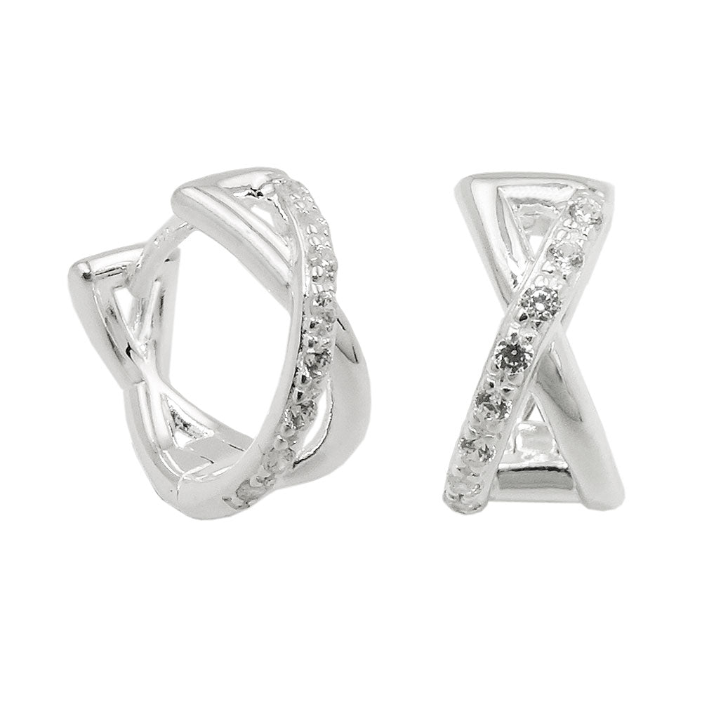 Creolen Ohrringe Klappscharnier überkreuzt Zirkonia aus 925er Silber, 11 × 6 mm