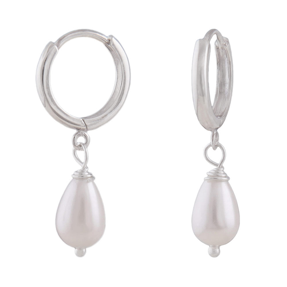 Creolen Klappscharnier mit Tropfen Imitatperle aus 925er Silber, 27 × 6 mm