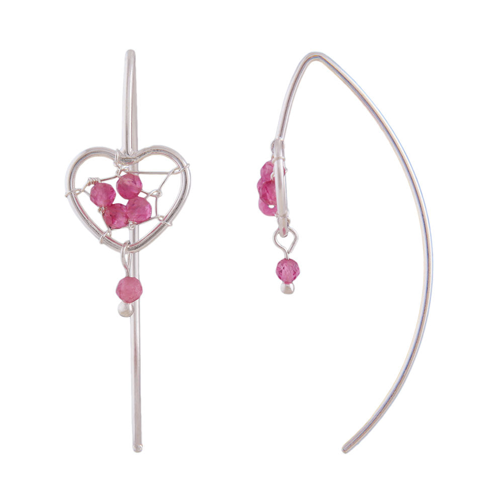 Ohrringe Ohrhaken Herz mit Geflecht und rosa Glassteinen aus 925er Silber, 33 × 10,5 mm