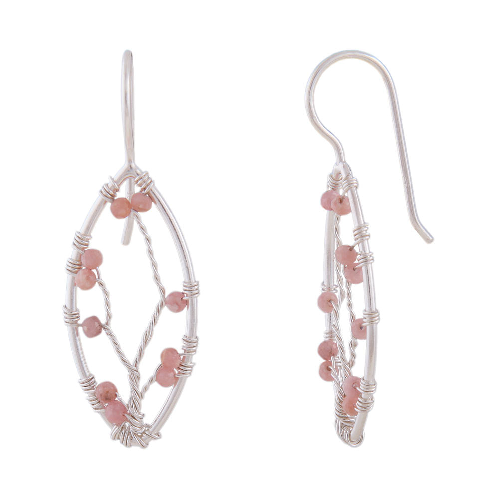 Ohrringe Ohrhaken Spitzoval mit Geflecht und rosa Steinen Rhodonit aus 925er Silber, 37 × 12,5 mm