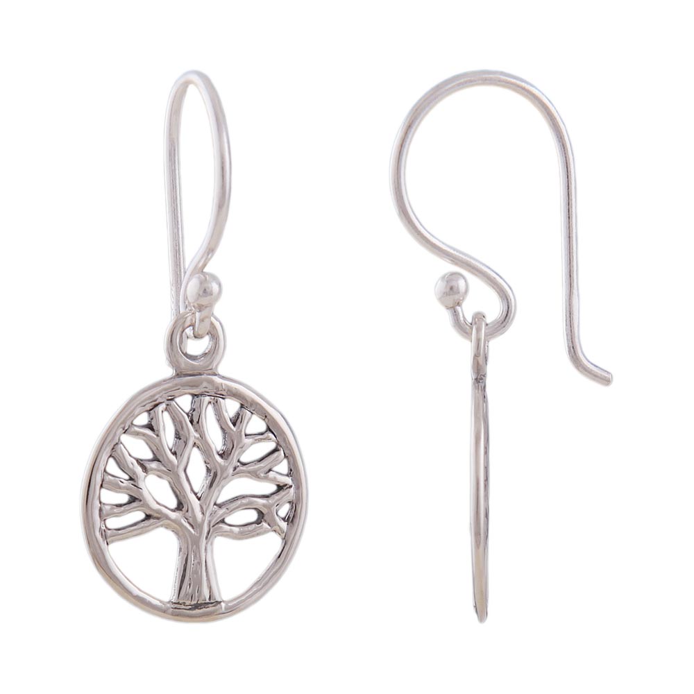 Ohrringe Ohrhaken Baum des Lebens kreisrund glänzend aus 925er Silber, 24 × 11 mm