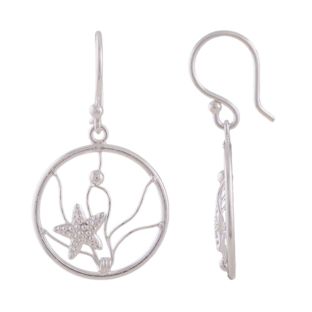 Ohrringe Ohrhaken Ring mit filigranem Geflecht Seestern und Kugel aus 925er Silber, 32 × 18 mm