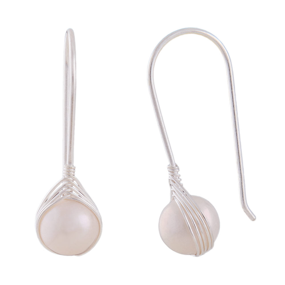 Ohrringe Ohrhaken feststehend eingeflochtene Süßwasserzuchtperle aus 925er Silber, 28 × 8 mm