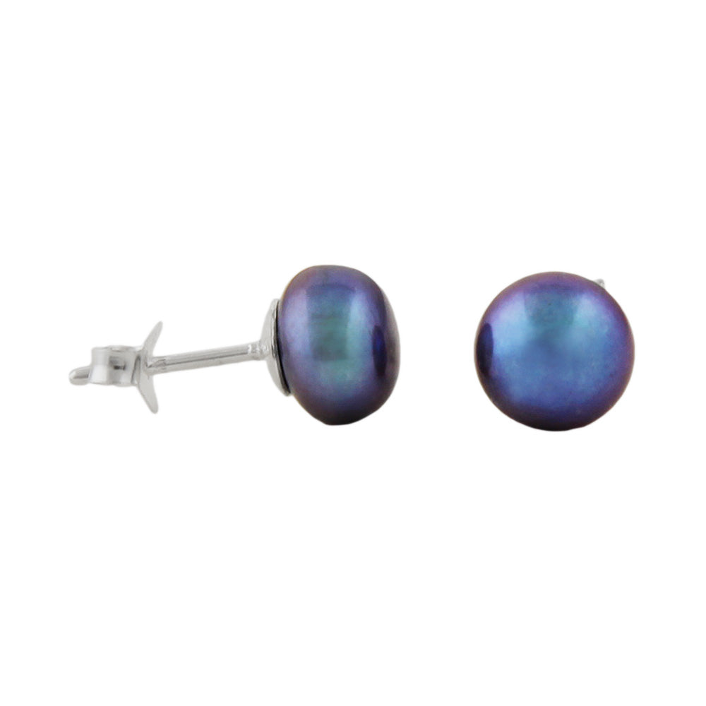 Ohrstecker Süßwasserzuchtperle dunkelgrün flach aus 925er Silber, ca. 8 × 6 mm