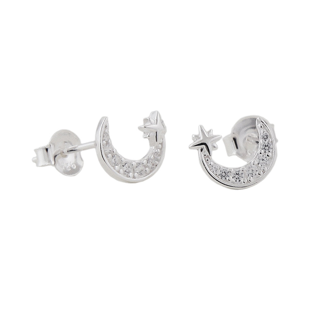 Ohrstecker Halbmond mit Zirkonia und Stern aus 925er Silber, 8 × 7,5 mm