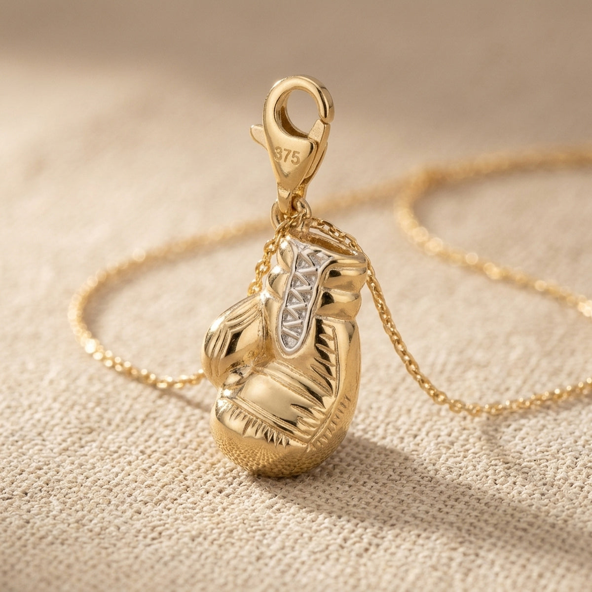 Anhänger Charm Boxhandschuh bicolor – 375er Gold, 14 × 10 mm – Detailansicht des Anhängers vor neutralem Hintergrund