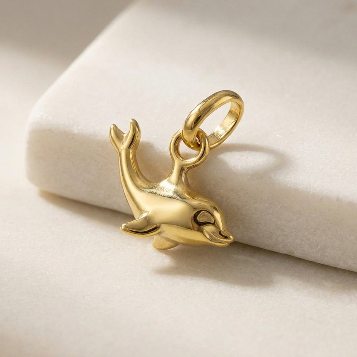 Anhänger kleiner Delfin glänzend – 375er Gold, 12 × 7 mm – Detailansicht des Anhängers vor neutralem Hintergrund
