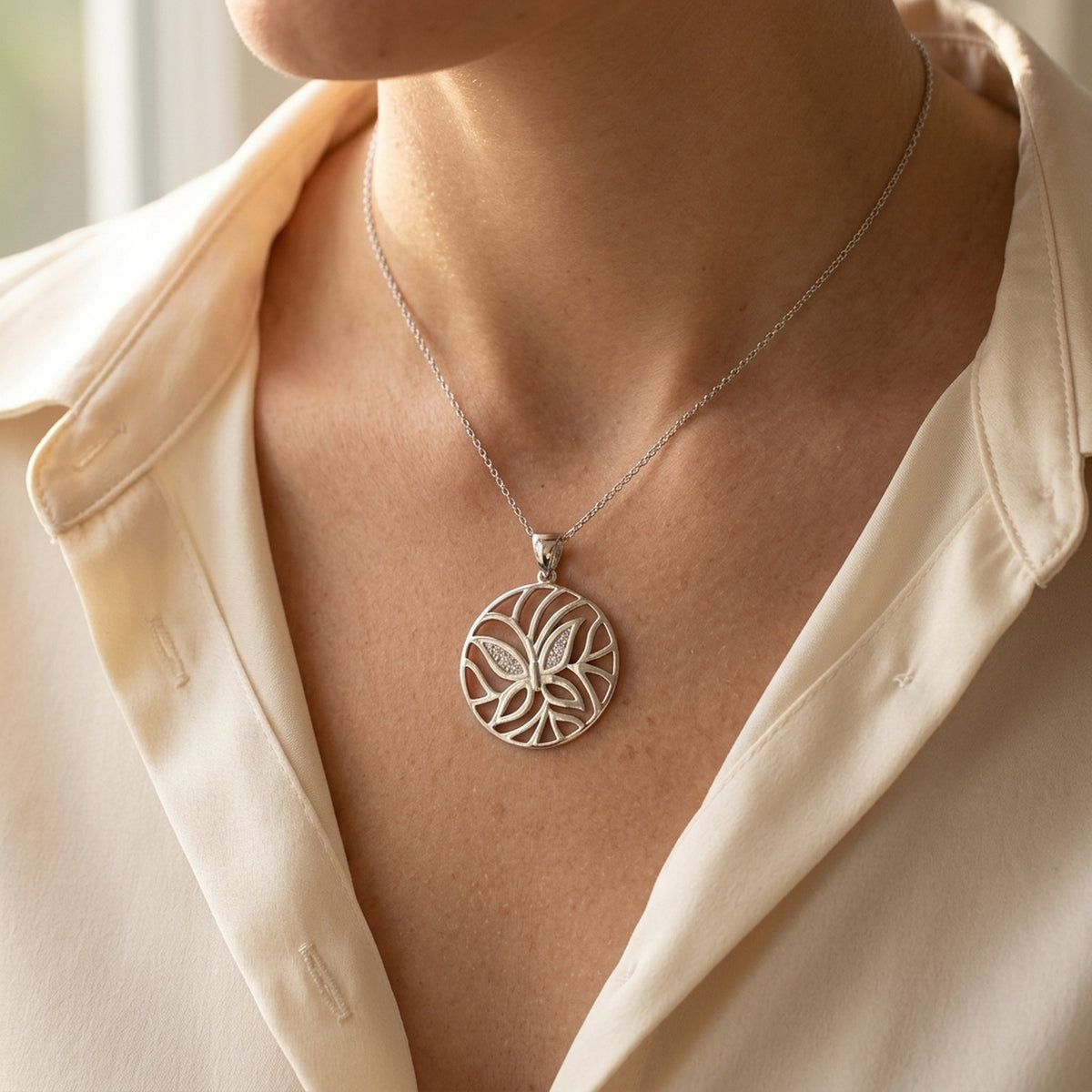 Anhänger Schmetterling mit Zirkonia glänzend rhodiniert – 925er Silber, 23 mm – an einer feinen Kette getragen, natürliche Lifestyle-Aufnahme