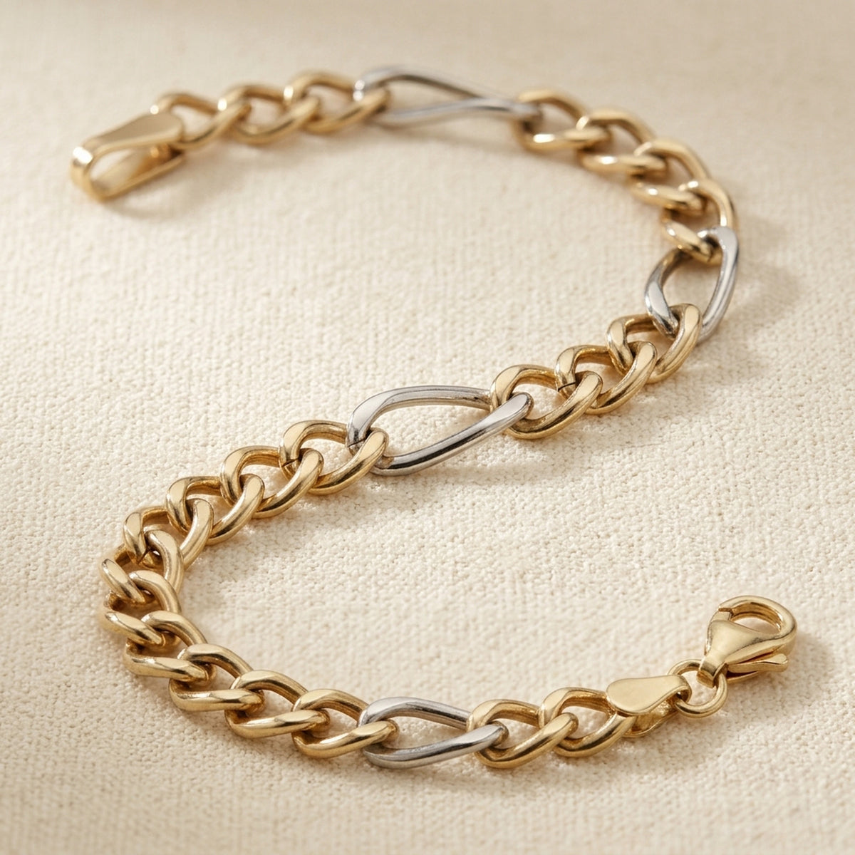 Armband Figaro-Panzer bicolor – 375er Gelb- und Weißgold, 3,6 mm, 19 cm – Detailansicht des Armbands vor neutralem Hintergrund