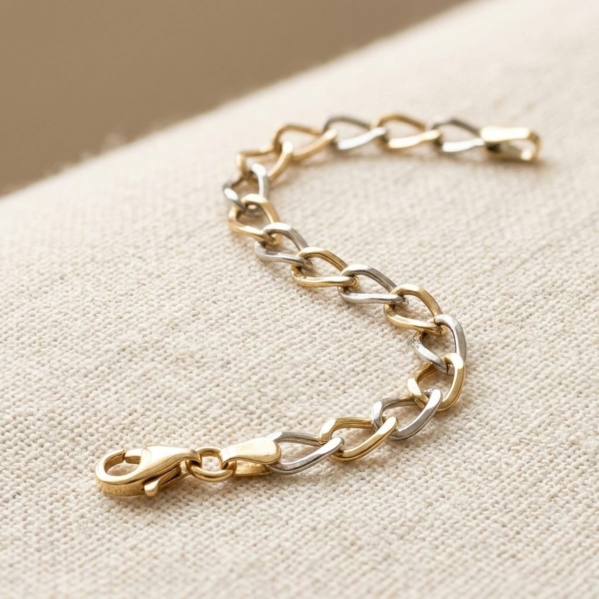 Armband Weitankerkette oval bicolor – 375er Gelb- und Weißgold, 5,1 mm, 19 cm – Detailansicht des Armbands vor neutralem Hintergrund