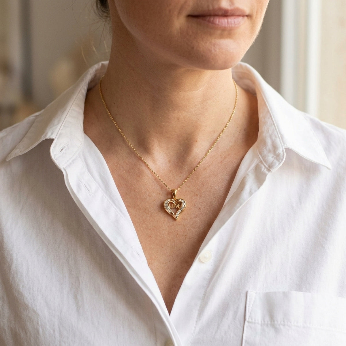 Anhänger Herz – Doublé, 15 × 15 mm – an einer feinen Kette getragen, natürliche Lifestyle-Aufnahme