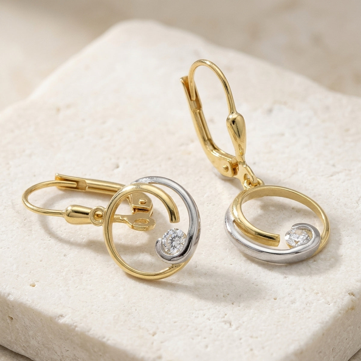 Ohrhänger bicolor Kreis mit Zirkonia – 375er Gold, 28 × 11 mm – Detailansicht des Ohrschmucks vor neutralem Hintergrund