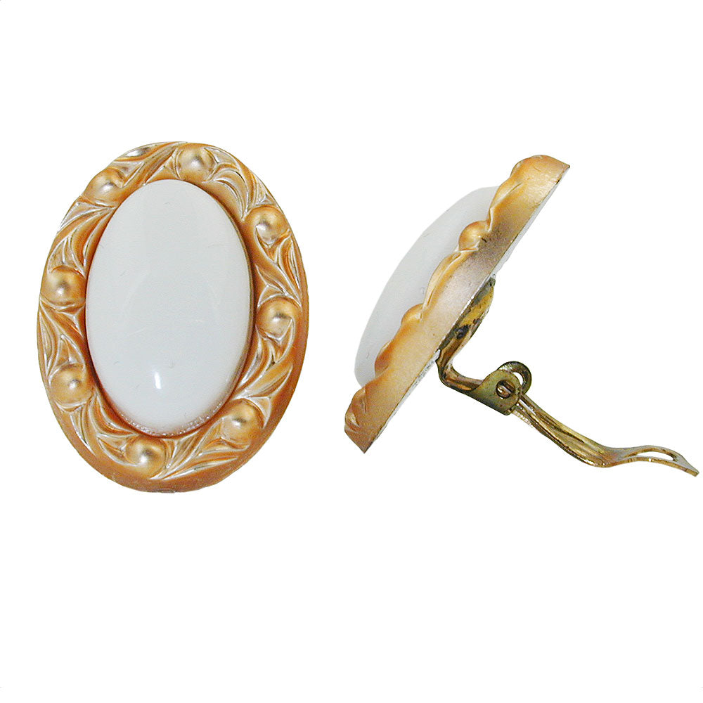 Clip Ohrring verschiedene Größen oval weiß mit Rahmen goldfarbig Kunststoff-Bouton