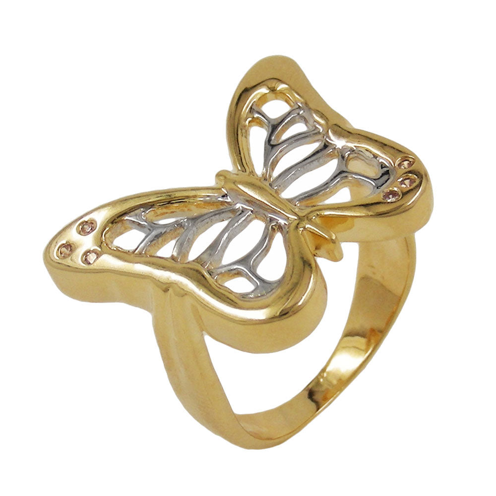 Ring verschiedene Größen Schmetterling bicolor mit 6 Zirkonias 3 Mikron vergoldet verschiedene Ringgrößen