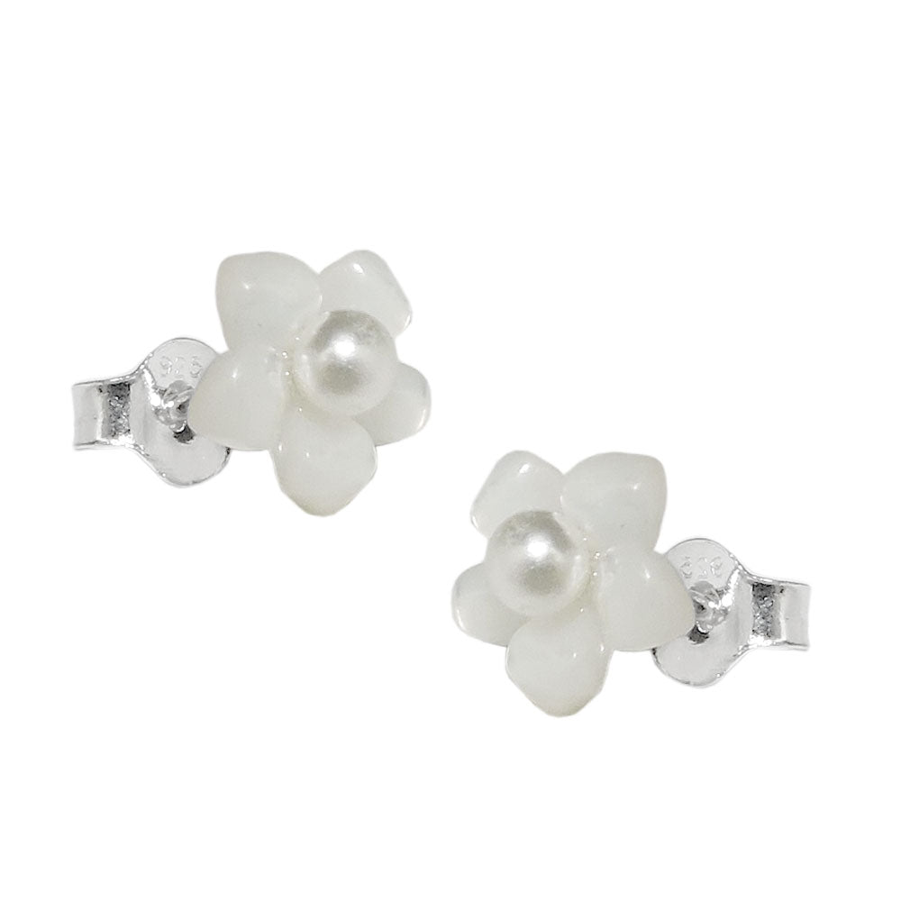 Ohrstecker Ohrring 8mm kleine Blume perlmutt mit Perle Silber 925